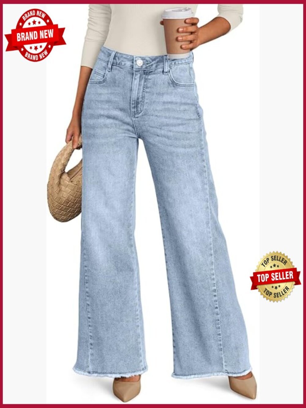 Wide Leg Jeans, Mid Rise, Raw Hem, Comfort Stretch Denim